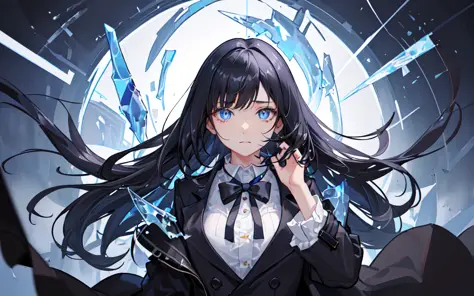 (best quality, masterpiece),(1girl, trench coat,expression face, blue eyes, looking at viewer, black hair, closed mouth, dress shirt, black skirt, hand at viewer), (less blue light, swrling many blue glass pieces behind, floating objects, night sky)