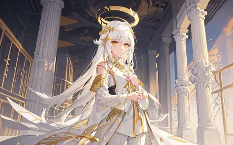 (best quality, masterpiece), (1girl, solo, gold pattern robe, white pants, standing , looking at front, halo of a halo, golden wing, Put the hands together, white hair, yellow eyes, closed mouth, upper body), (clear sky, smoke, pillar of light, abandoned t...