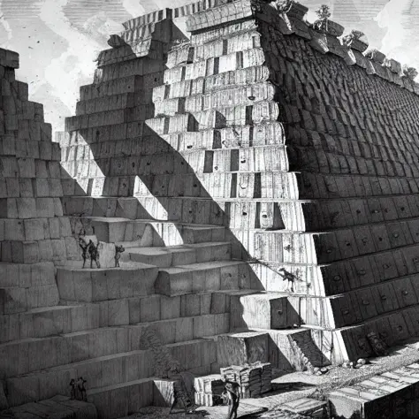 a black and white drawing of a man standing in front of a pyramid with a man on a horse in front of the top of it, greeble detai...