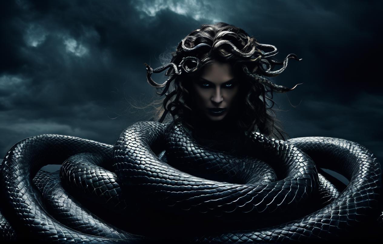 A woman with a snake wrapped around her neck in a dark room - SeaArt AI