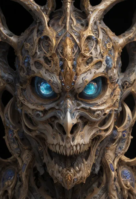 a close up of a statue of a demon with blue eyes