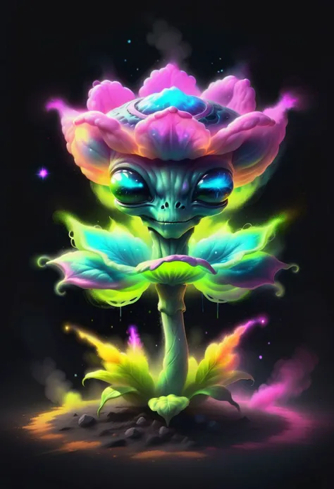 a colorful alien plant with glowing eyes and a flower