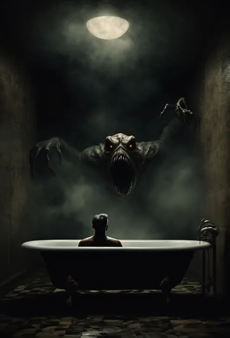 endless dreamscape of terror, a man facing a creepy creature in bathtub, forom "The Bath" fiction of Stephen King, <lora:offset_...