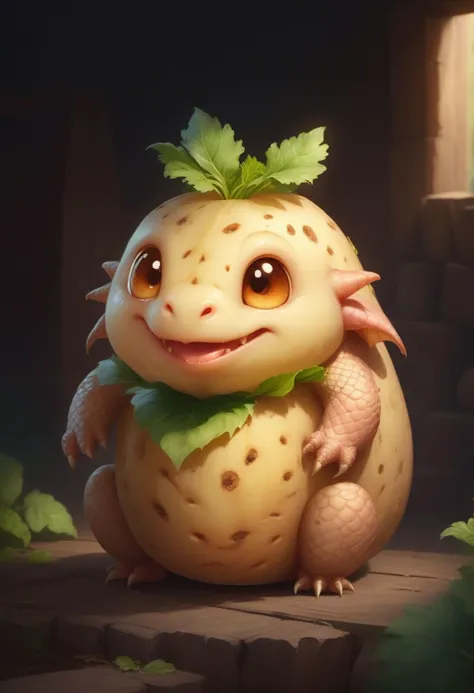 very cute appealing anthropomorphic dragon potato, kawaii, potato eyes, potatoe mouth, looking at the viewer, macro, cinematic l...