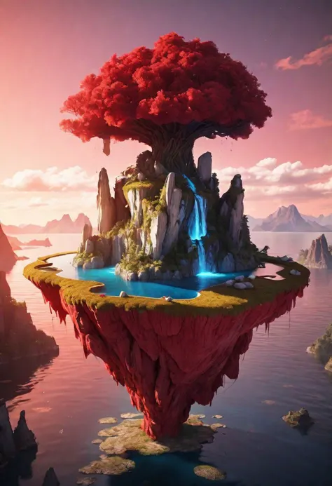 a tree on a floating island with a waterfall in the middle