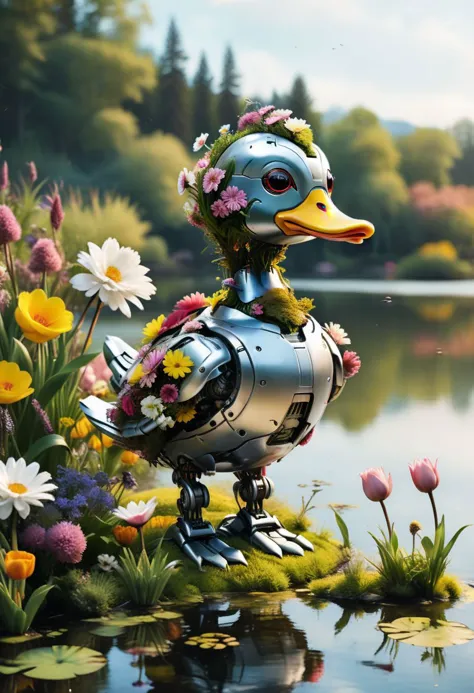 masterpiece, high quality, A robot duck,  by lake, flowers  <lora:J_sci-fi-000014:0.8> j_sci-fi