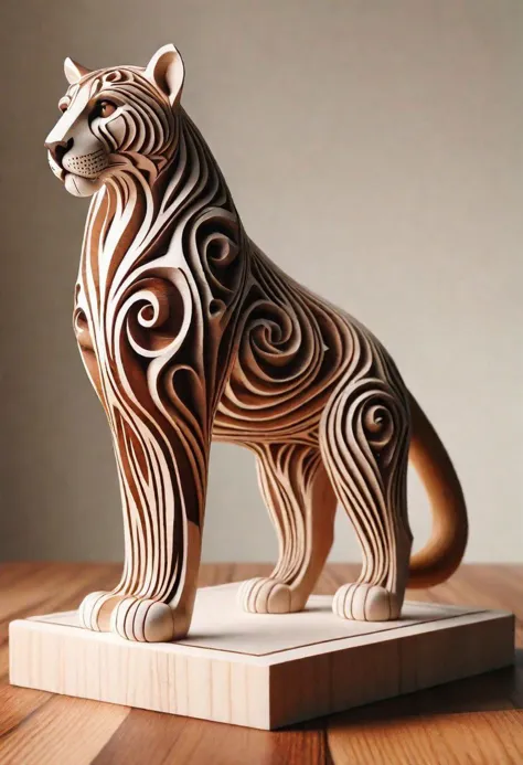 a close up of a wooden sculpture of a tiger on a table