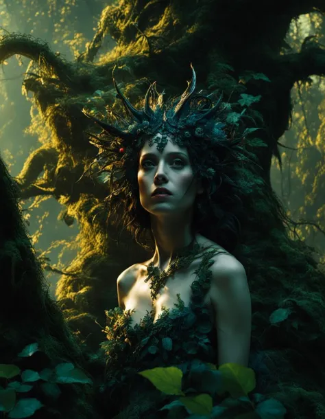 cinematic still, filmed by Guillermo del Toro, Amidst a deep dark forest, an enigmatic being appears--an amalgamation of flora and fauna, with vines for hair, eyes gleaming like embers, and skin adorned with iridescent scales 