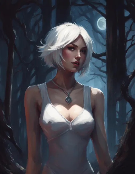 award winning photo, in the (dark:1.3), (deep shadow:1.3), creepy, scary, best quality, highres, ismail inceoglu,  beautiful eyes, beautiful detailed face, 1girl, beautiful woman, (white hair), (short hair), bob cut, ((white leotard)), thighhighs, (large breasts), (narrow waist), wide hips, thick thighs, long legs,  (detailed lips), (in a gothic castle),  ((moonlight)), light particles,  intricate details, window in the background, dynamic angle, slight smile, (night:1.4)