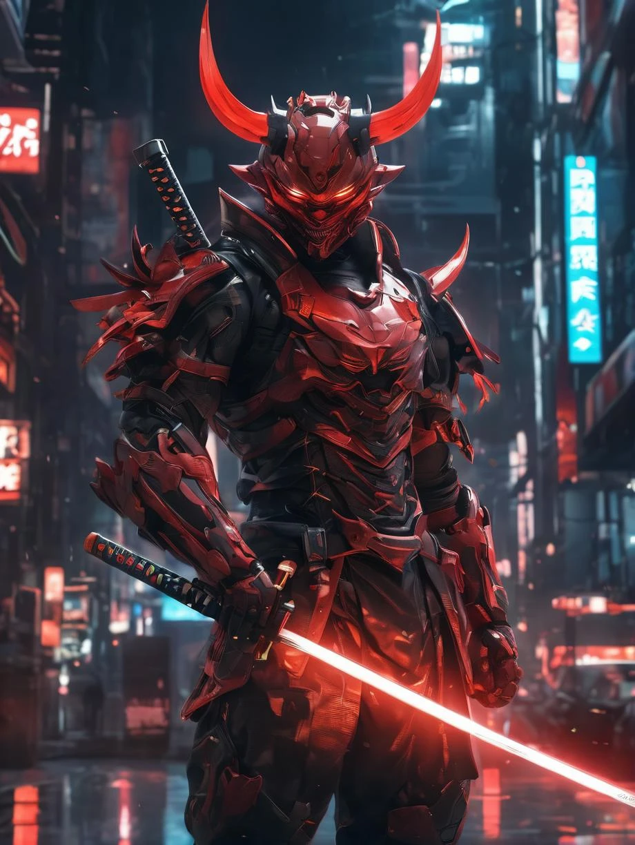 cyberpunklxd, Cyberpunk Warrior, Hannya mask, solo, holding katana,1boy,red eyes,pipes connected to the back, transparent armor,mecha,male focus, looking at viewer, Cyber City, science fiction,cape,neo light,volumetric light,(8k, RAW photo, best quality, masterpiece), realistic,8K,HDR,UHD,masterpiece,best quality,highly detailed,wallpaper,reality ray tracing,