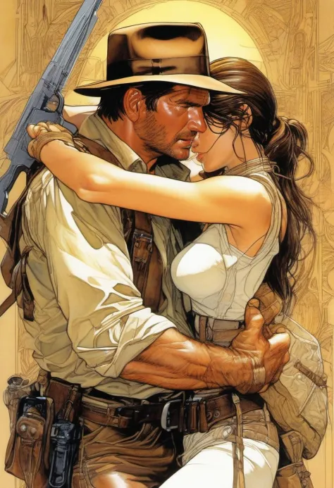 Indiana Jones hugging Lara Croft,  art by Masamune Shirow,  art by J.C. Leyendecker