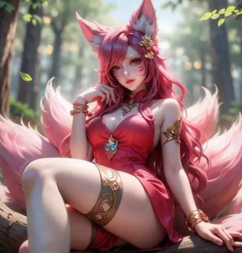 face lighting,bright backlight,super high resolution,best quality,Photos,4k,(Realistic:1.2),
ali,1 girl,cute,cosplay,Ahri (League of Legends),sitting on a tree branch,crossed legs,hand on knee,mischievous,looking at viewer,(moderate breasts:1.1),nine tails...