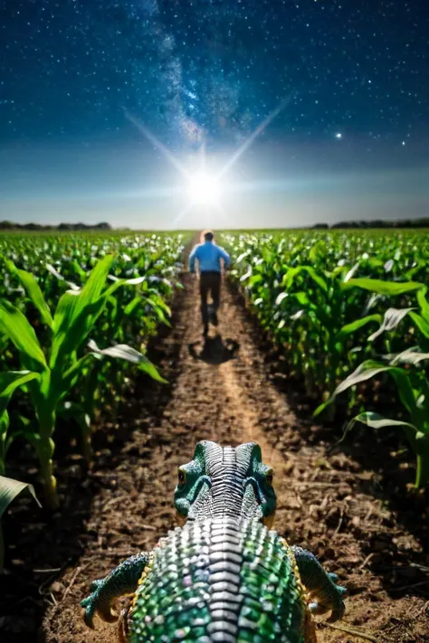 a man walking through a corn field with a large alligator