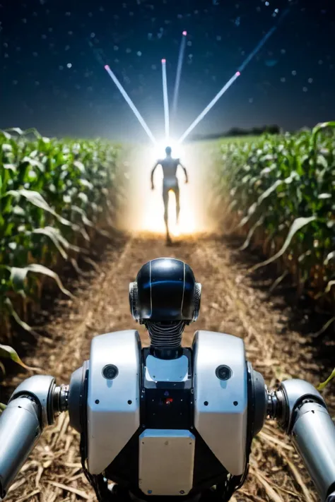 a close up of a robot standing in a field of corn