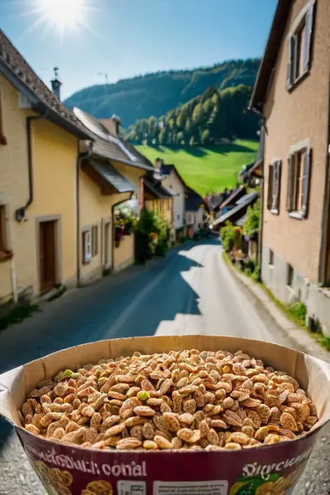 a close up of a bowl of nuts on a street