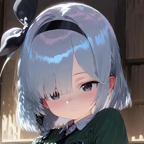 anime girl with white hair and green shirt looking at camera