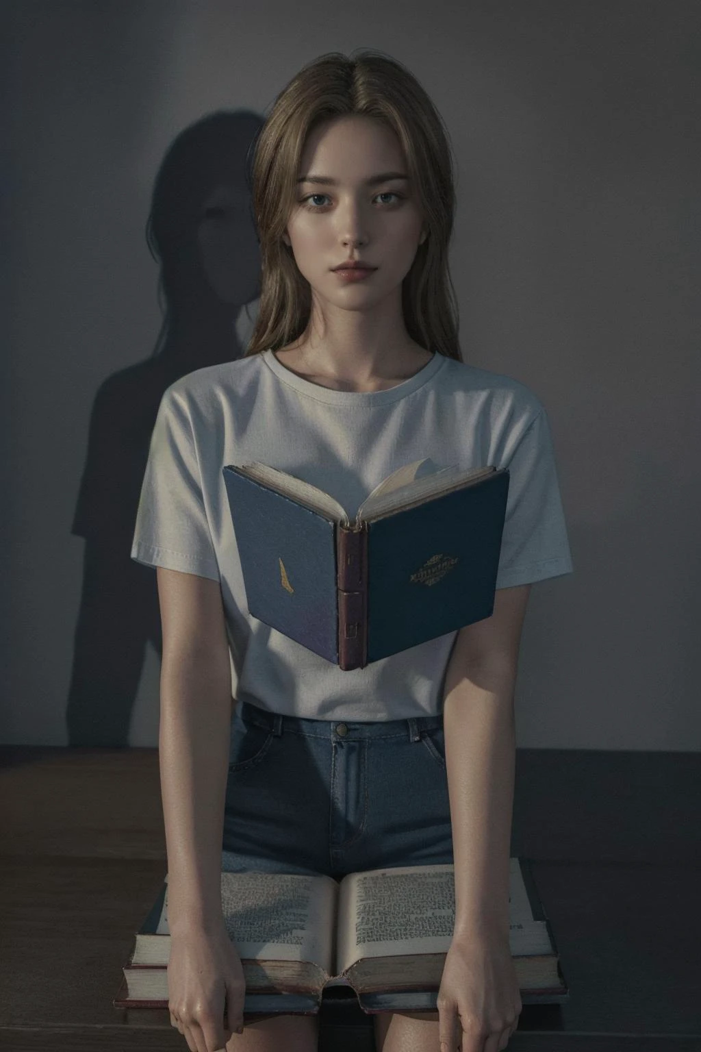 1girl,  body, looking at viewer, (photorealistic, realistic , surreal ), (best quality, highres, 8k, raw, realistic, masterpiece, best shadow), book on head, book on face,  narrow waist, kneeing on books, 
