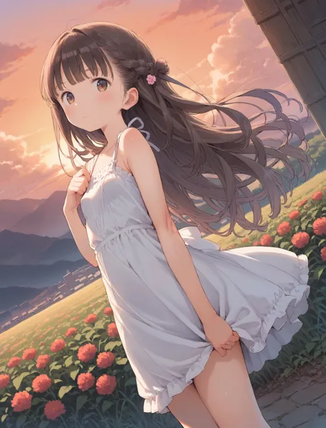 anime girl in white dress standing in front of a field of flowers