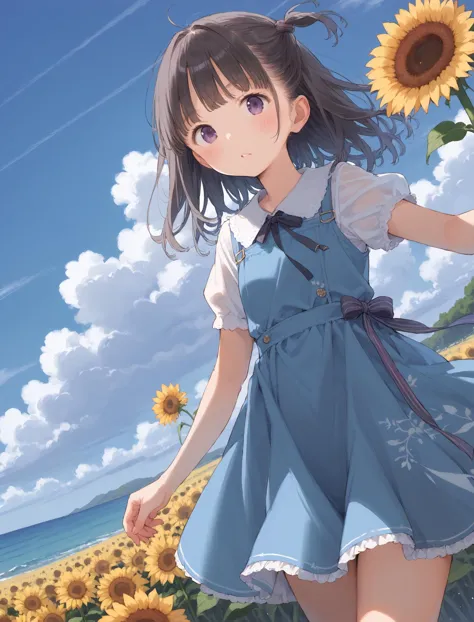 anime girl in a blue dress walking in a field of sunflowers