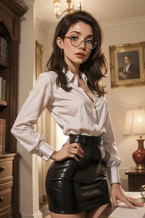 Latex Skirt - Arafed woman in a white shirt and black leather skirt - SeaArt AI