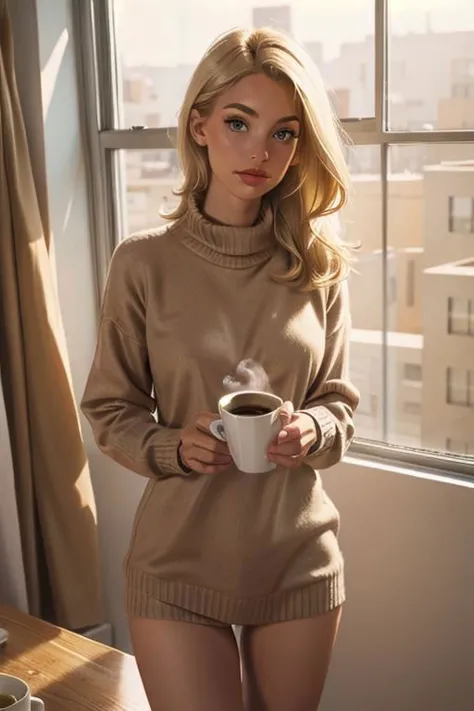 a woman in a sweater holding a cup of coffee in front of a window