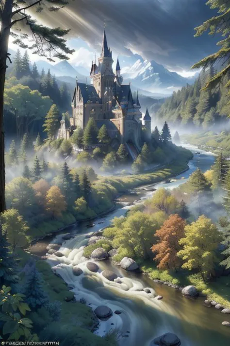 (Ultra Realistic:1.0),32k,(Masterpiece:1.0),( High Quality:1.0), (Detailed Realistic Background:1.3), (Official Art, Beautiful and Aesthetic:1.2), (Realistic Lighting:1.0), by Elliott Erwitt, From above, Vast forest, fantasy castle, bright sunlight,mystical glow, rushing River,