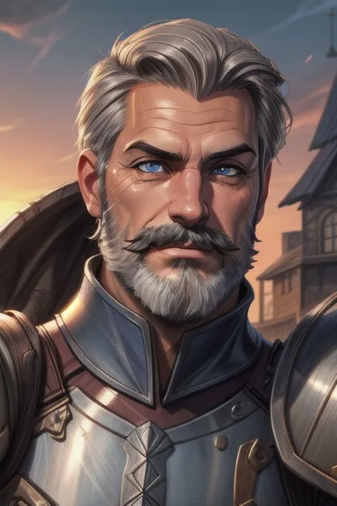 Male, sunset fantasy medival town  fantasy Jawline, smiling, proud, older man, greying short neat hair, wrinkles, ultimate quality blue eyes, sapphire eyes old posh, muscled<lora:windv3:1>  close up, high quality skin, ultimate quality,  cinematic lighting, looking at viewer, thick,,  from the front, portrait, close up on face. Plate Metal armor highly detailed, high resolution,  shoulder pauldrons  high quality skin, tanned shiny skin, arms folded, arms crossed, gauntlets, thick moustache, greying beard