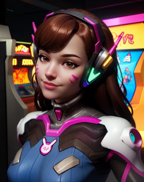 Dva, brown hair, brown eyes,  facial mark,  
bodysuit,  headphones
standing,  upper body,
arcade, indoors,  neon lights,  smile, 
(insanely detailed, beautiful detailed face,beautiful detailed eyes, masterpiece, best quality),solo,
