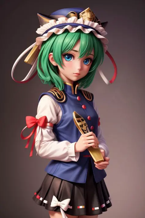 <lora:add_detail:0.75>
(Photorealistic, best quality, masterpiece, high contrast,hd,8k), 1girl,
shiki eiki,1girl,shiki eiki, hat, blue vest,white shirt,black shirt, green hair, short hair,long sleeves, bow, blue eyes,ribbon, red bow, ribbon-trimmed skirt,rod of remorse <lora:shikieiki:1>