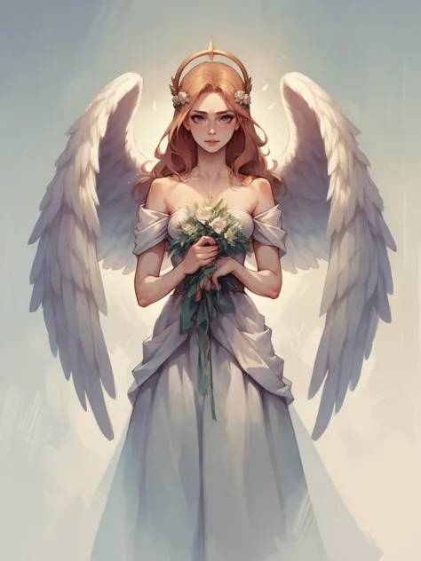 a woman with angel wings holding a bouquet of flowers