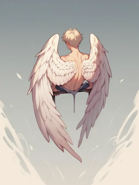 a drawing of a man with wings on his back sitting on a chair