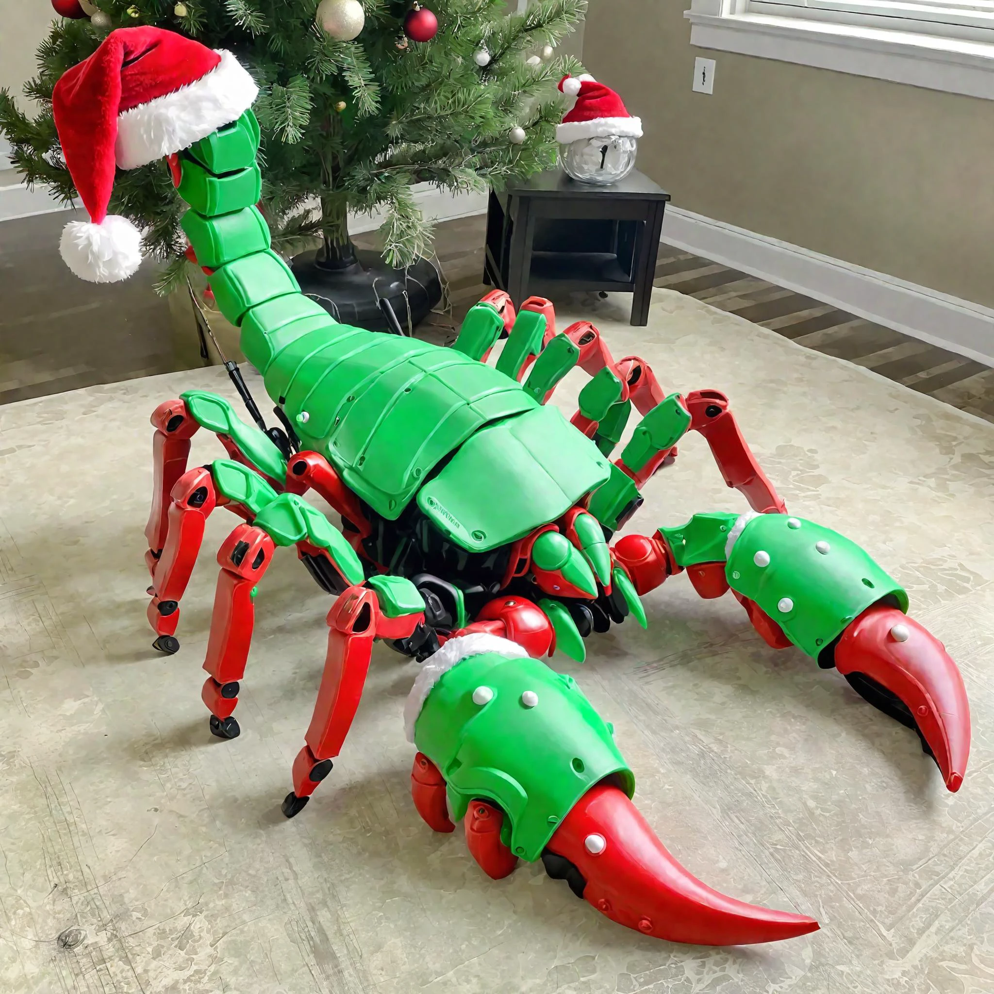massive EdobScorpion battle mech ai overlord in greenteam colors and a santa hat 