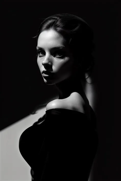 a black and white photo of a woman in a dress