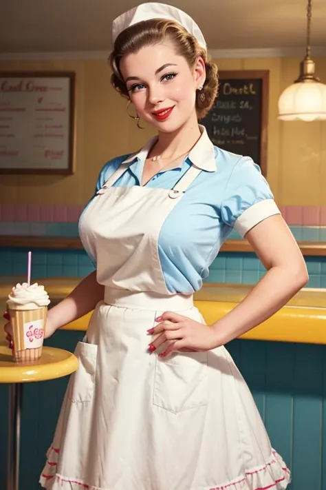 arafed woman in a white apron and blue shirt holding a cupcake