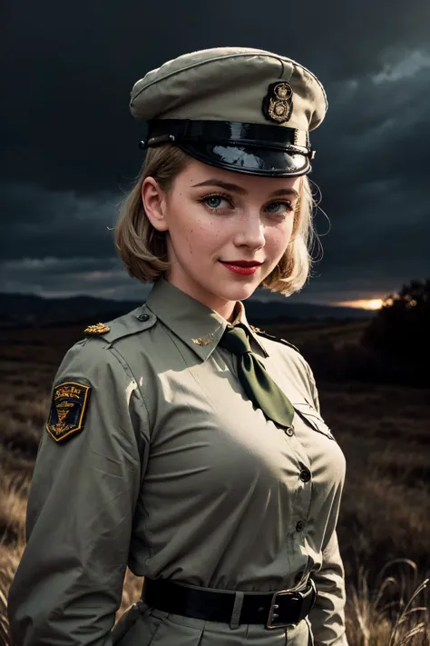 ((upper body portrait)),Photography by Mario Testino,
a beautiful busty topless young female soldier,Bumper Bangs Haircut,American Women's Army Corps (WAC) Uniform: Khaki/olive drab, jacket and skirt/slacks, (shirt and tie:1.45), service/garrison cap, insignia,on a windswept moor under a brooding, stormy sky,Pointing fingers forward pose,
((big soft puffy tits)):2.5,big Nipple areola,pink nipples,detailed nipples,bikini stripes,pale skin,highly detailed face,red lipstick,dirty skin,sweaty skin,smile512,
(Automotive Lighting, simple background,dark background):1.4,
((1940s style,vintage,old war photo style,warm colors)),