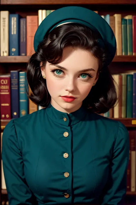 ((upper body portrait)),Photography by Garry Winogrand,
a beautiful busty young woman Wearing Saddle Shoes,Wearing Navy Blue Berets,Sporting Victory Rolls Hairdo,Inside a 1950s Public Library: Packed bookshelves, green-topped tables, librarian,
pale skin,highly detailed face,red lipstick,
(simple background,dark background):1.2,
1960s style,retro,vintage,old photo style,vibrant colors,