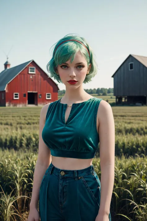 ((upper body portrait)),Photography by David Bailey,
a beautiful busty young woman Wearing Capri Pants,Wearing Green Velvet Hair Bands,Rocking Twiggy's Short and Edgy Haircut,On a 1950s Country Farm: Red barn, haystacks, green pastures, ploughed fields,
pale skin,highly detailed face,red lipstick,
(simple background,dark background):1.2,
1960s style,retro,vintage,old photo style,vibrant colors,