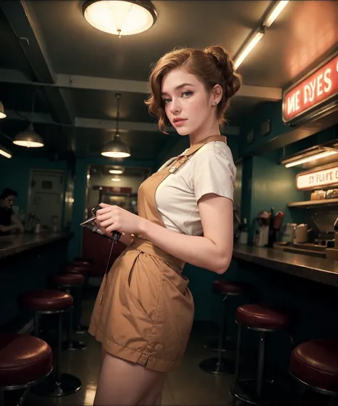 arafed woman in a tan dress standing in a diner