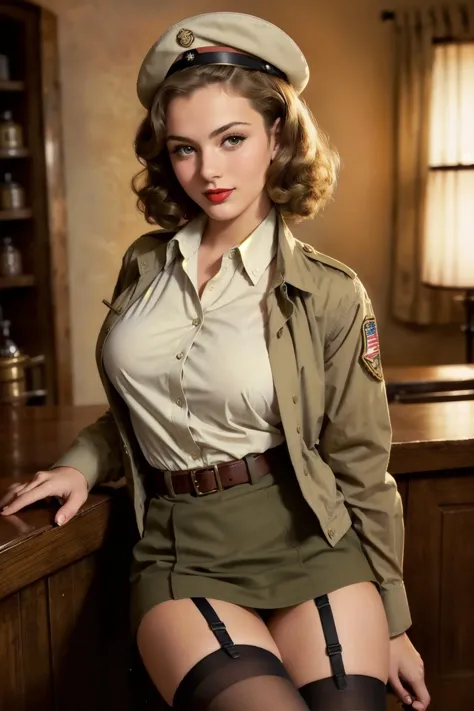 photograph, a beautiful young busty female soldier, slim, Pin Curls Haircut, American Women's Army Corps (WAC) Uniform: Khaki/olive drab, (jacket), skirt, (stockings), (garter belt), high heels, service hat, insignia, crowded bar, sitting on barstool surrounded by men , pale skin, red lipstick, seductive smile, rough, (shirt unbuttoned),  4 buttons of shirt are unbuttoned
((1940s style,vintage,old war photo style,(warm colors:1.36))),  <lora:detail_slider_v4:.5> <lora:epi_noiseoffset2:.2>, best quality, high quality, best quality,