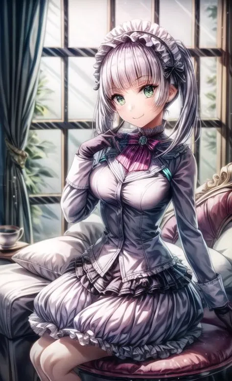 1girl, green eyes, solo, gloves, cup, smile, teacup, window, black gloves, twintails, sitting, grey hair, maid headdress, long h...