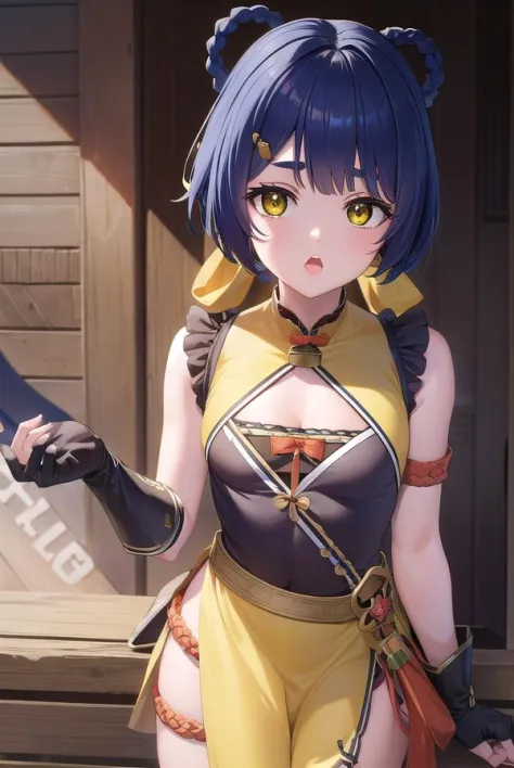 genshinxiangling, <lora:genshinxiangling-lora-nochekaiser:1>,
xiangling, blue hair, braid, braided hair rings, hair ornament, hair rings, hairclip, (yellow eyes:1.5), (small breasts:1.2), <lora:talkmouth_U_v100:1>, open mouth,
BREAK arm strap, bare shoulders, bell, belt, black footwear, black gloves, boots, brown belt, cleavage, cleavage cutout, clothing cutout, dress, fingerless gloves, gloves, high heels, jingle bell, thigh strap,
BREAK looking at viewer, (cowboy shot:1.5),
BREAK indoors, restaurant,
BREAK <lyco:GoodHands-beta2:1>, (masterpiece:1.2), best quality, high resolution, unity 8k wallpaper, (illustration:0.8), (beautiful detailed eyes:1.6), extremely detailed face, perfect lighting, extremely detailed CG, (perfect hands, perfect anatomy),