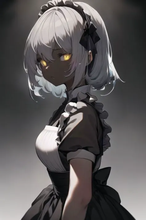 (masterpiece:1.2, best quality:1.2, beautiful, high quality, highres:1.1, aesthetic)perfect face, perfect eyes, 1girl,  gray skin, white hair, yellow eyes, glowing eyes, dark hue, simple background, Black background, dark, cold, <lora:Gloomifier_V2_TheGlow:2.5>
(small breasts:0.8) cleavage, skinny, slender, black dress, white apron, white bow, maid <lora:cute_maid-1.0:1>