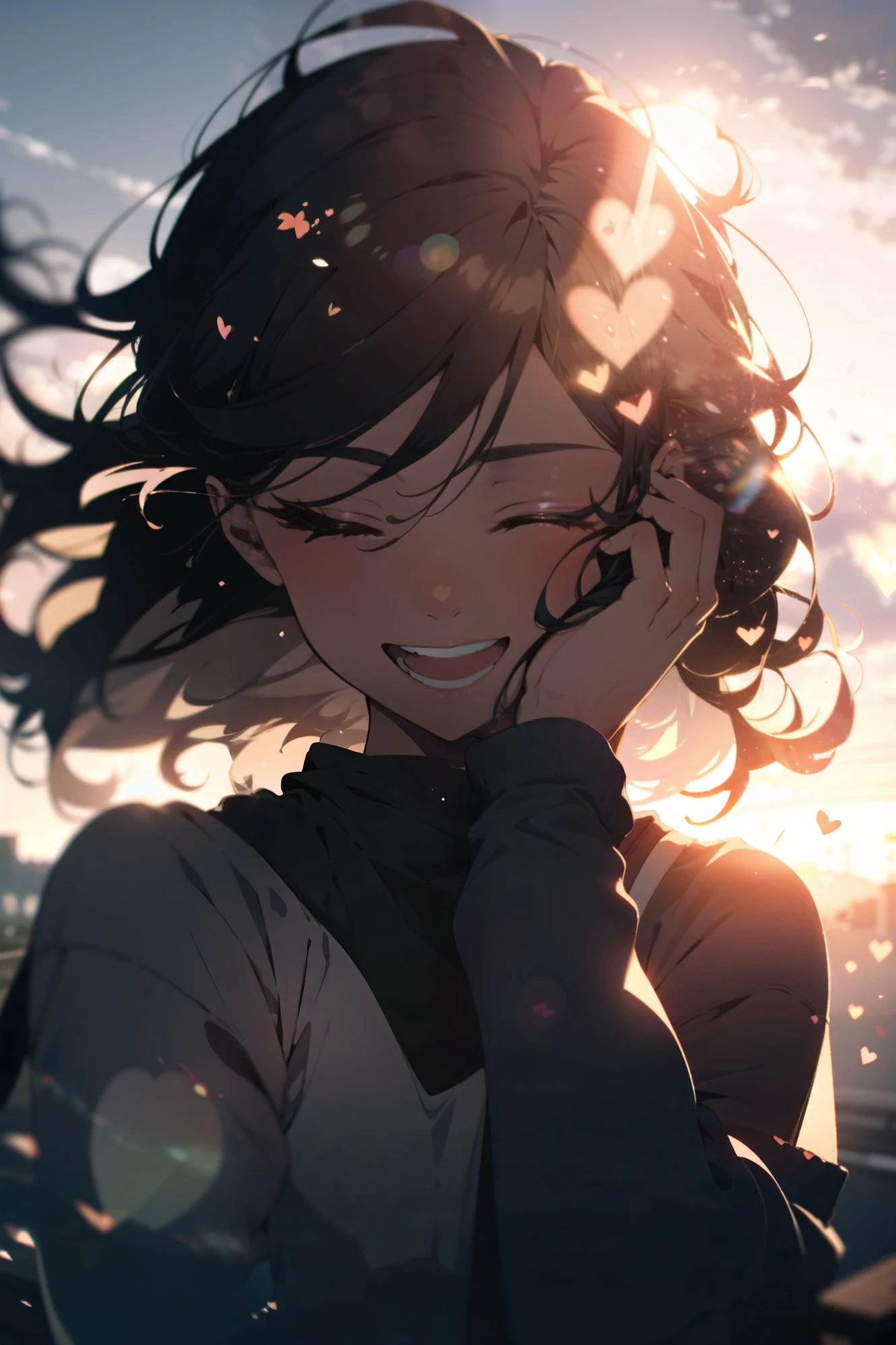 an girl, upper body, (huge Laughing:1.1), (open mouth:1.1), closed eyes, sun glare, bokeh, depth of field, blurry background, light particles, strong wind, (heart particles:1.2)
