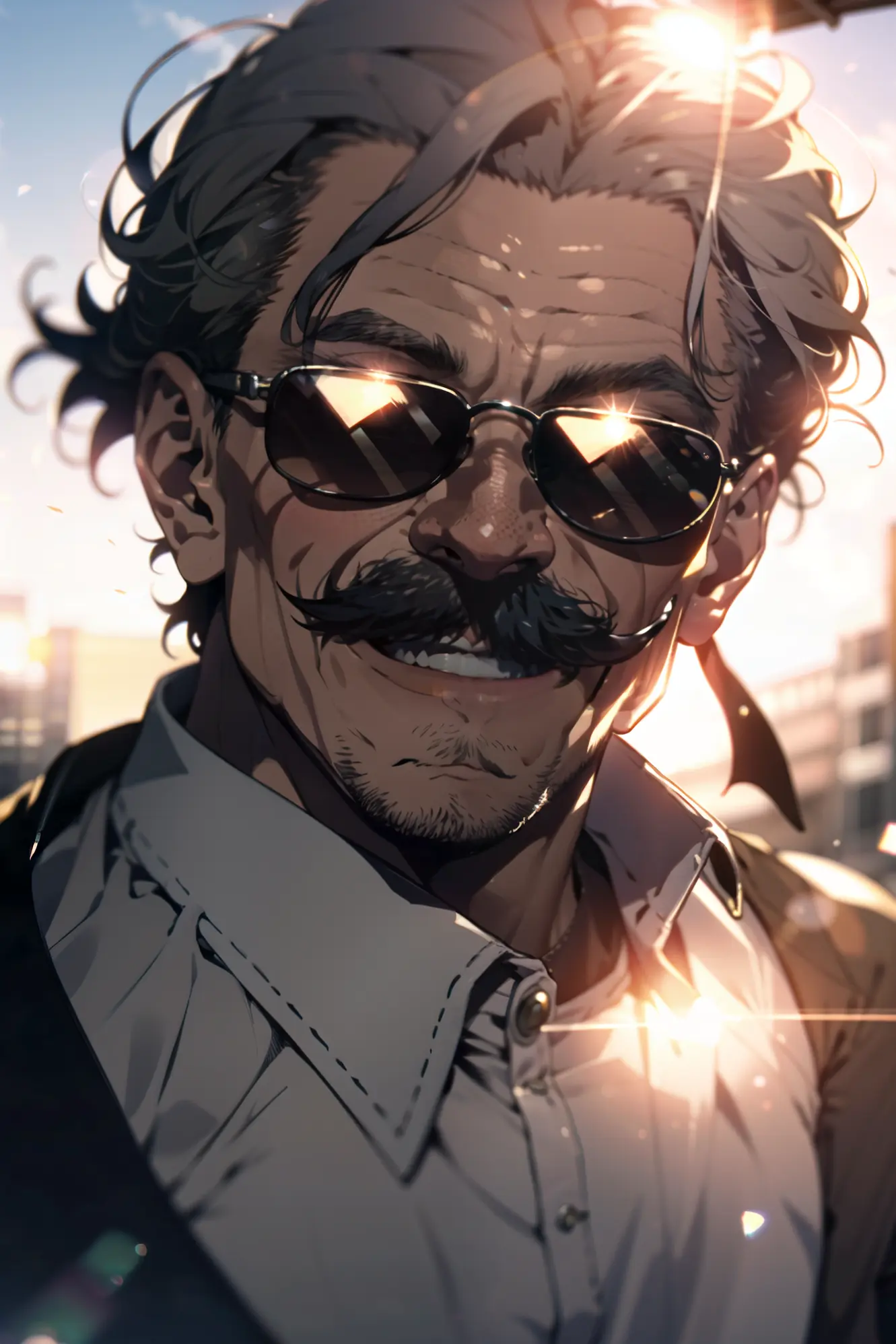 an old man, upper body, sunglasses on, long intricate mustache, huge Laughing, sun glare, bokeh, depth of field, blurry background, light particles