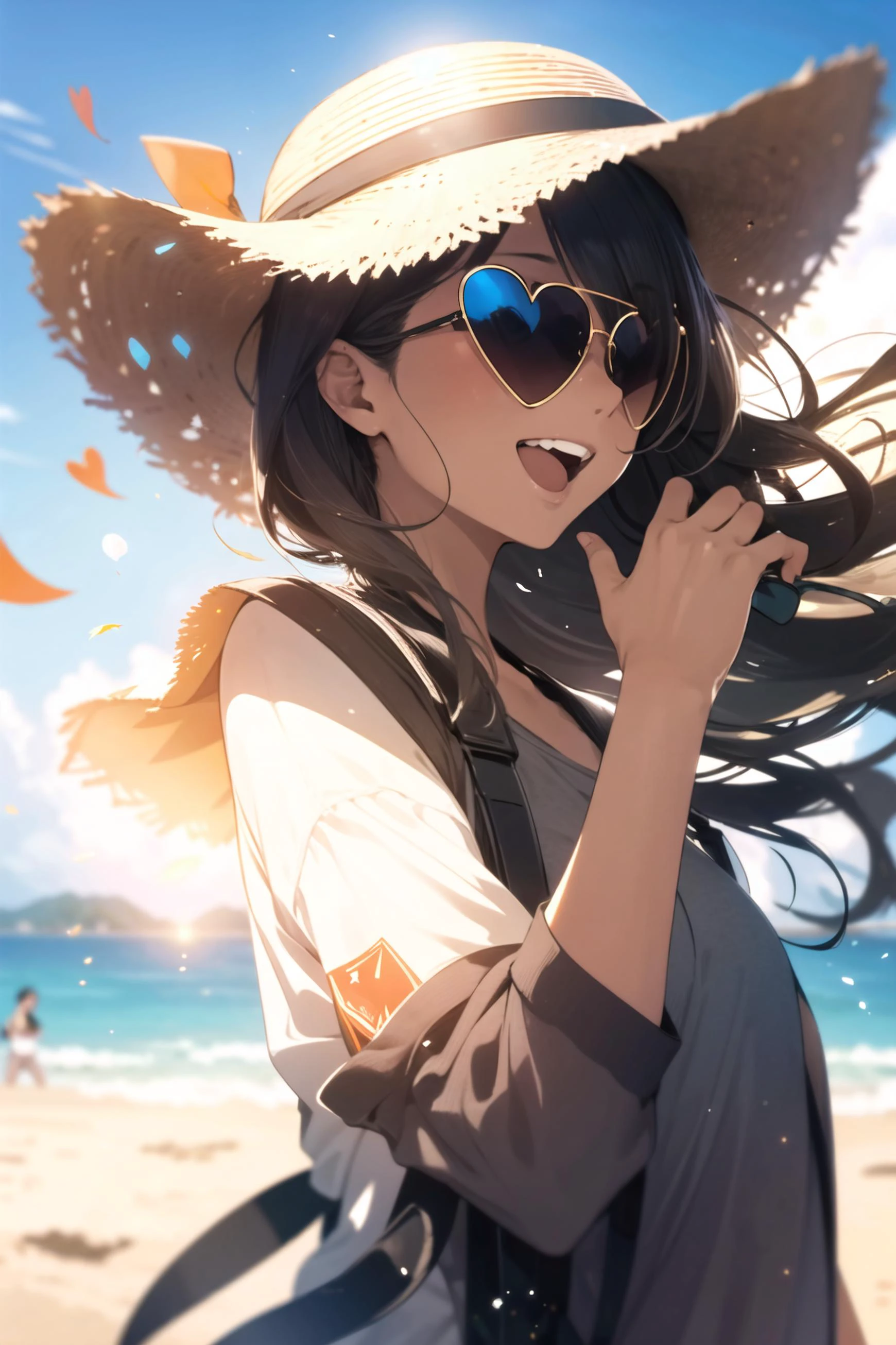 an girl, upper body, (sunglasses:1.1), (huge Laughing:1.1), (open mouth:1.1), closed eyes, sun glare, bokeh, depth of field, blurry background, light particles, strong wind, (heart particles:1.2)