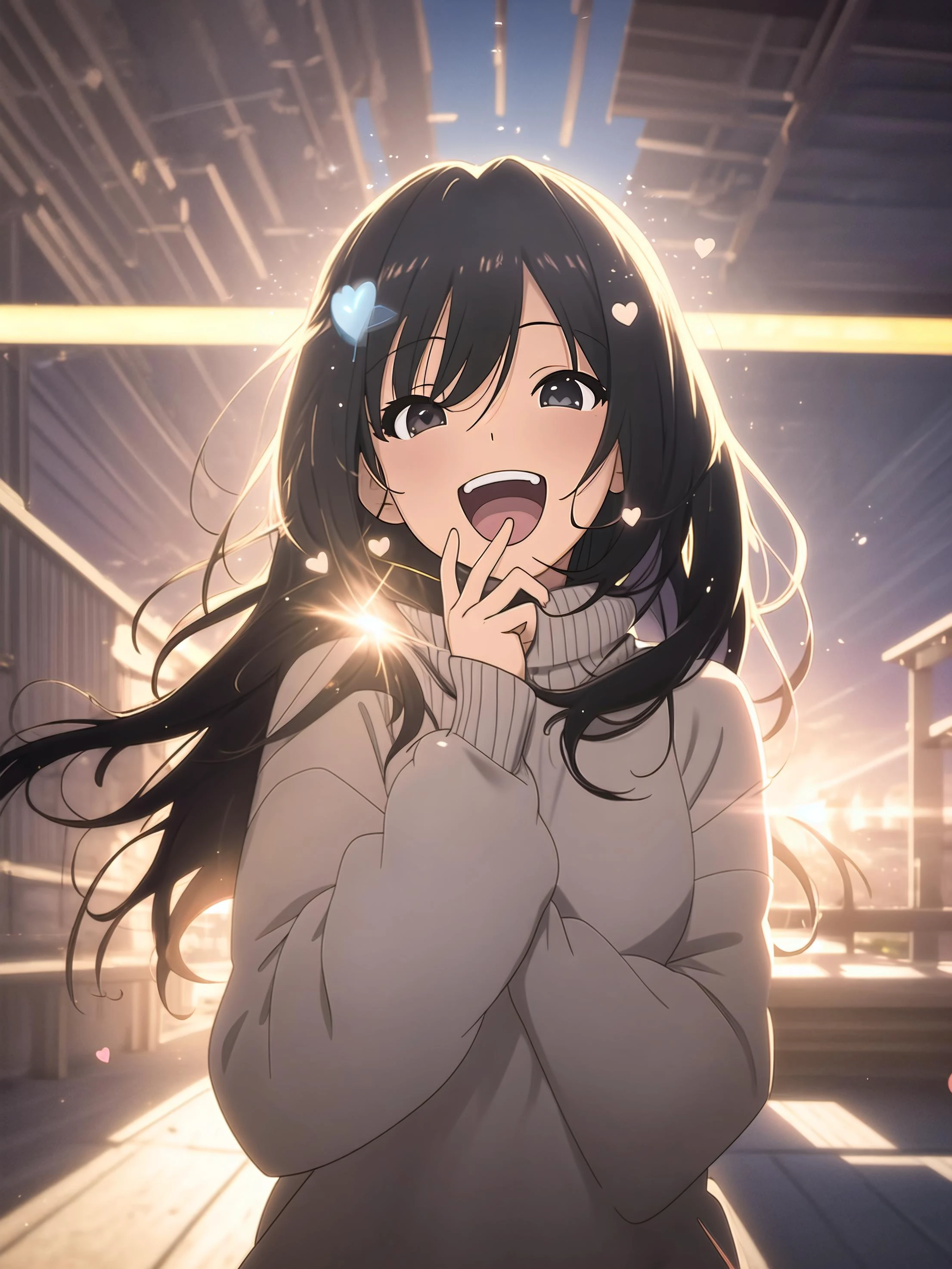a girl, cosy sweater on, upper body, (huge Laughing:1.1), (open mouth:1.1), (wide open eyes:1.2), sun glare, bokeh, depth of field, blurry background, light particles, strong wind, (heart particles:1.1)