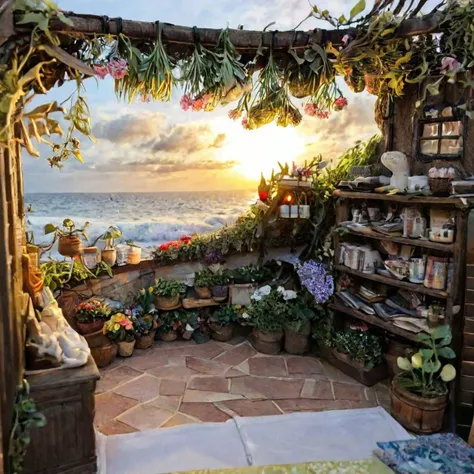 a close up of a bed in a room with a view of the ocean