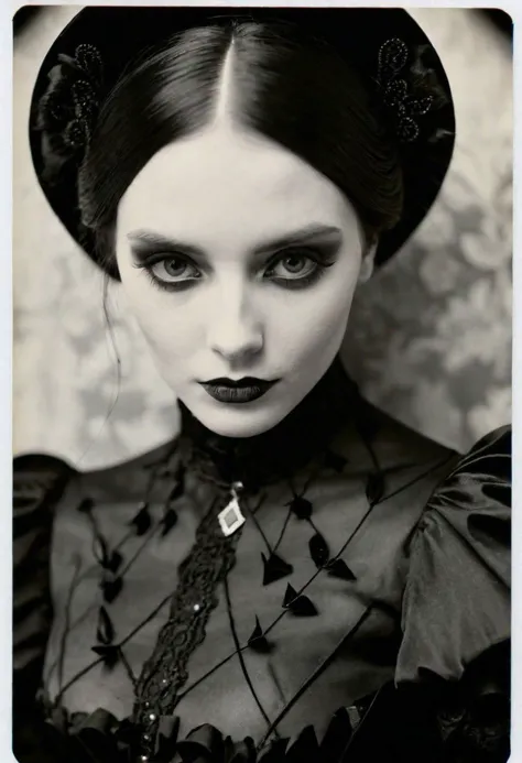 Close-up Portrait bnw photo of a cute pale goth girl wearing a (black victorian dress), diamond shaped face, (extremly detailed ...