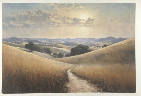 painting of a dirt road in a field with a sun setting