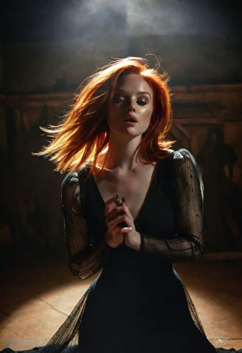 a redhead as the holy grail of beauty, dramatically exaggerated pose, complex dynamically lit scene, moody vibe, dark aura <lora...